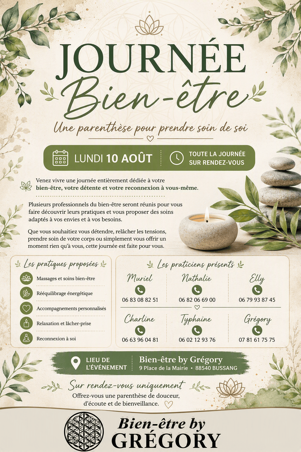 Journée bien-être avec massage, relaxation et soins énergétiques.